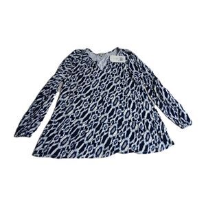 Wonderly Womens Sz L Tunic Top Blouse Flowy Viscose Blue White Ikat Design NWT